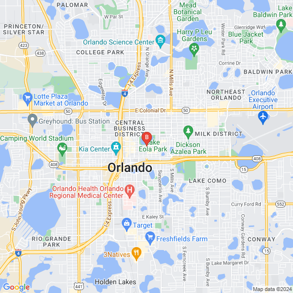 The Best Florida Homes location map: 330 East Central Boulevard, Orlando, Florida