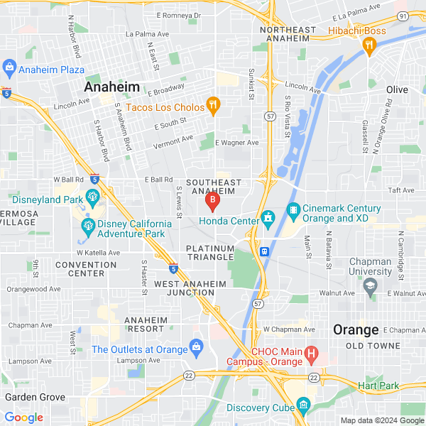 The Nielsen Tus Abogados de Accidentes location map: 1475 S State College Blvd Unit 210, Anaheim, California